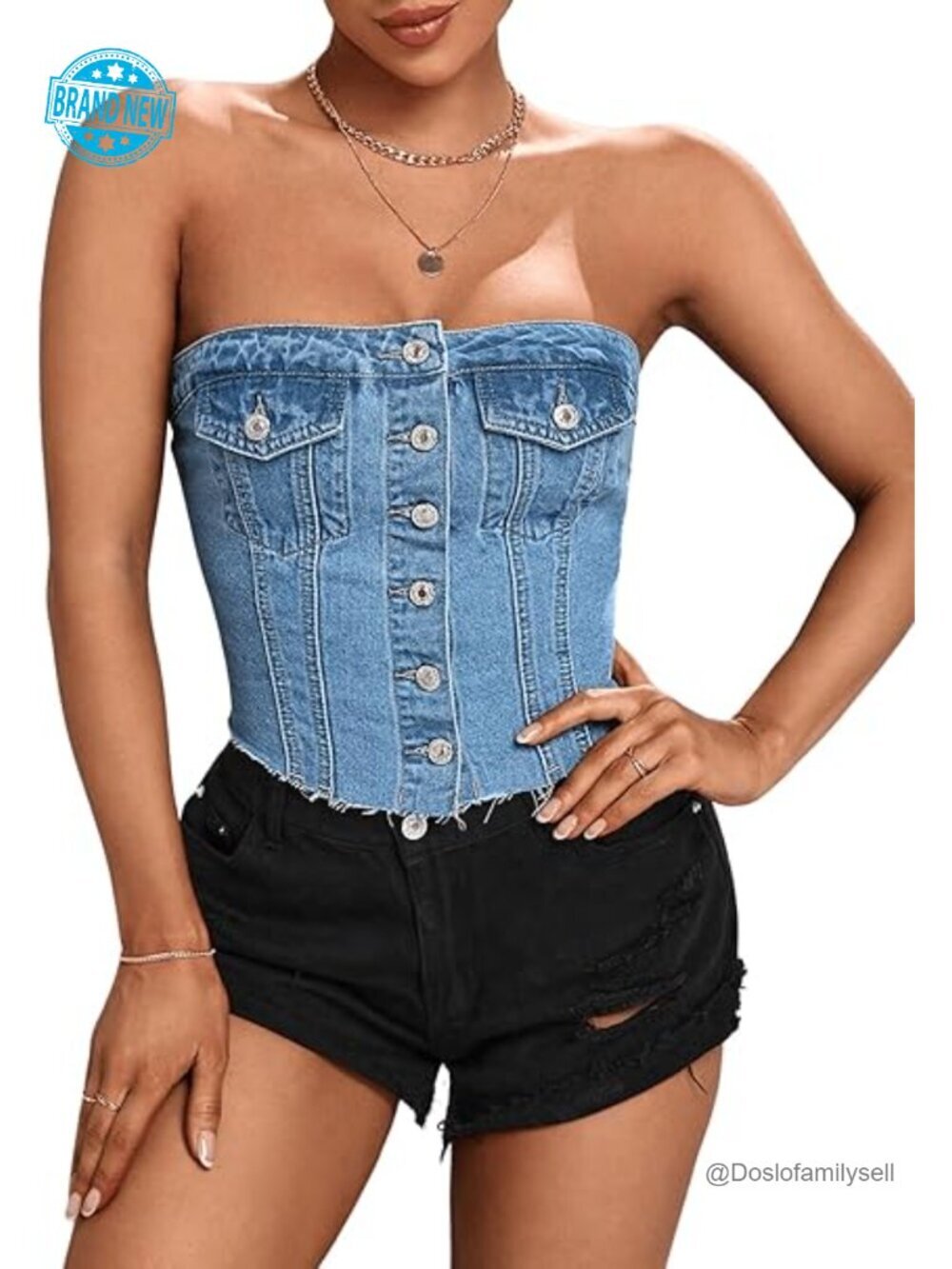Button Front Strapless Denim Crop Top Y2K Tube Top - Sleeveless